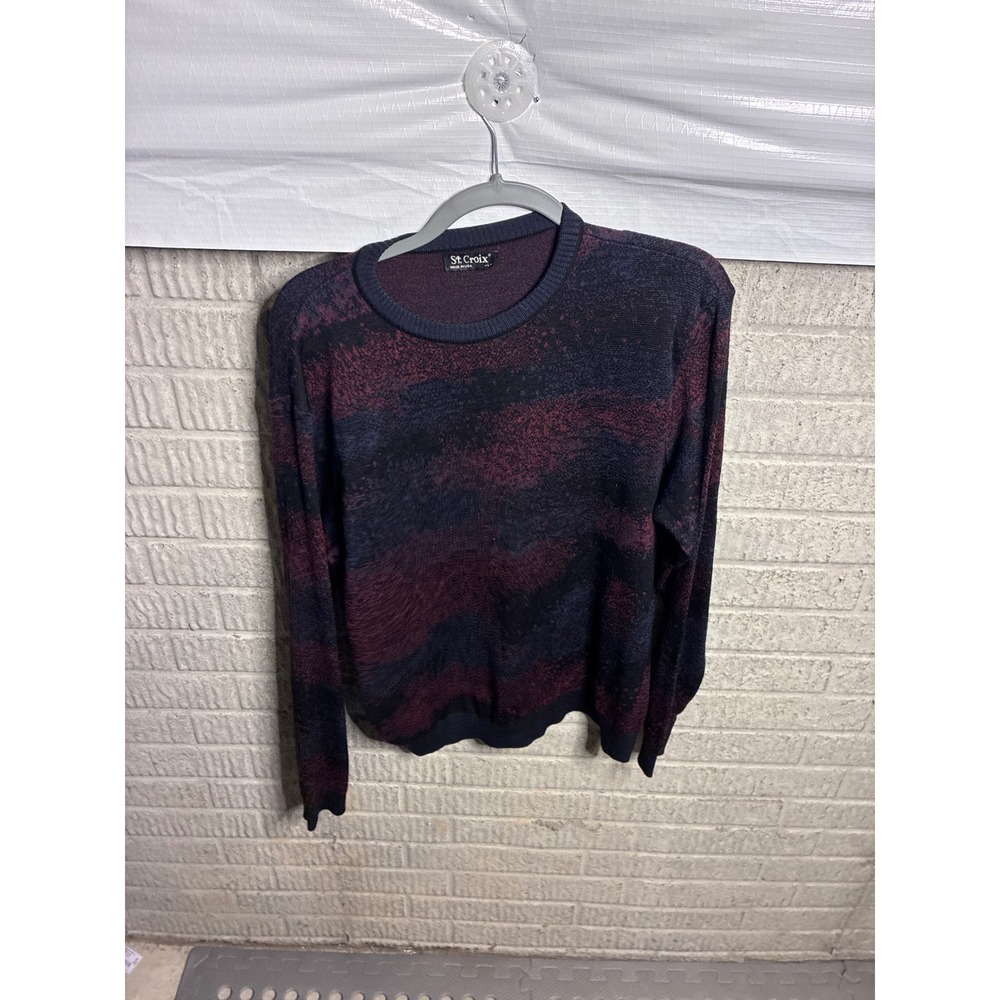 St. Croix Mens Large Crewneck Sweater Made in USA Abstract Knit Burgundy Navy